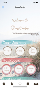 A screenshot of the new app. Find the Stresscenter APP Our program has been adapted to modern life with mobile versions. This app provides the complete program in a paperless form, along with new features including:  - The original 15 weekly audio session